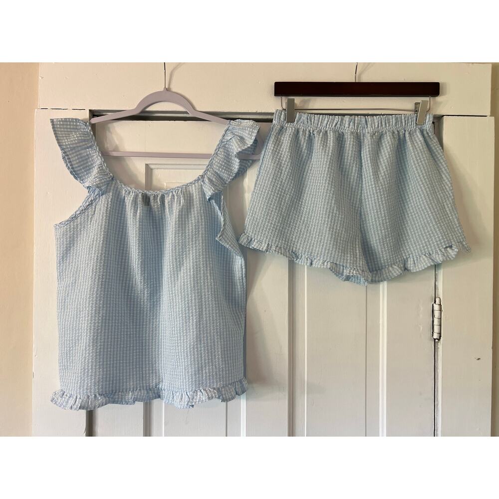 Kikit blue & white gingham pajama set women's small tank top & shorts - Picture 2 of 5